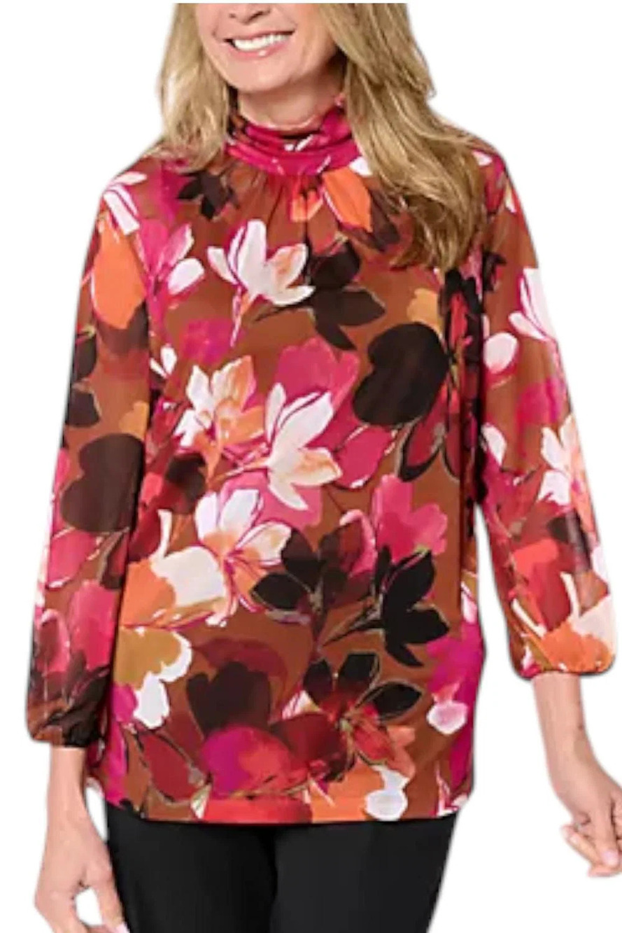 Susan Graver Women's Printed Mesh Mock-Neck Top & Tank Walnut/Berry - Plus